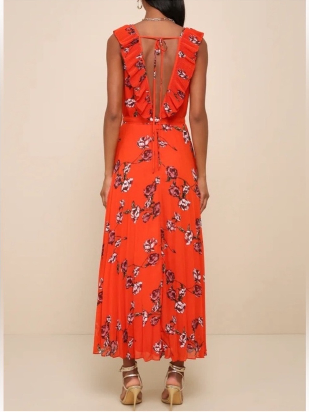 Lulus Red Orange Floral Pleated Chiffon Maxi Dress Open Back Size M - Picture 4 of 13